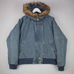 DKNY Jeans Faux Fur Denim High Neck Hooded Jacket
